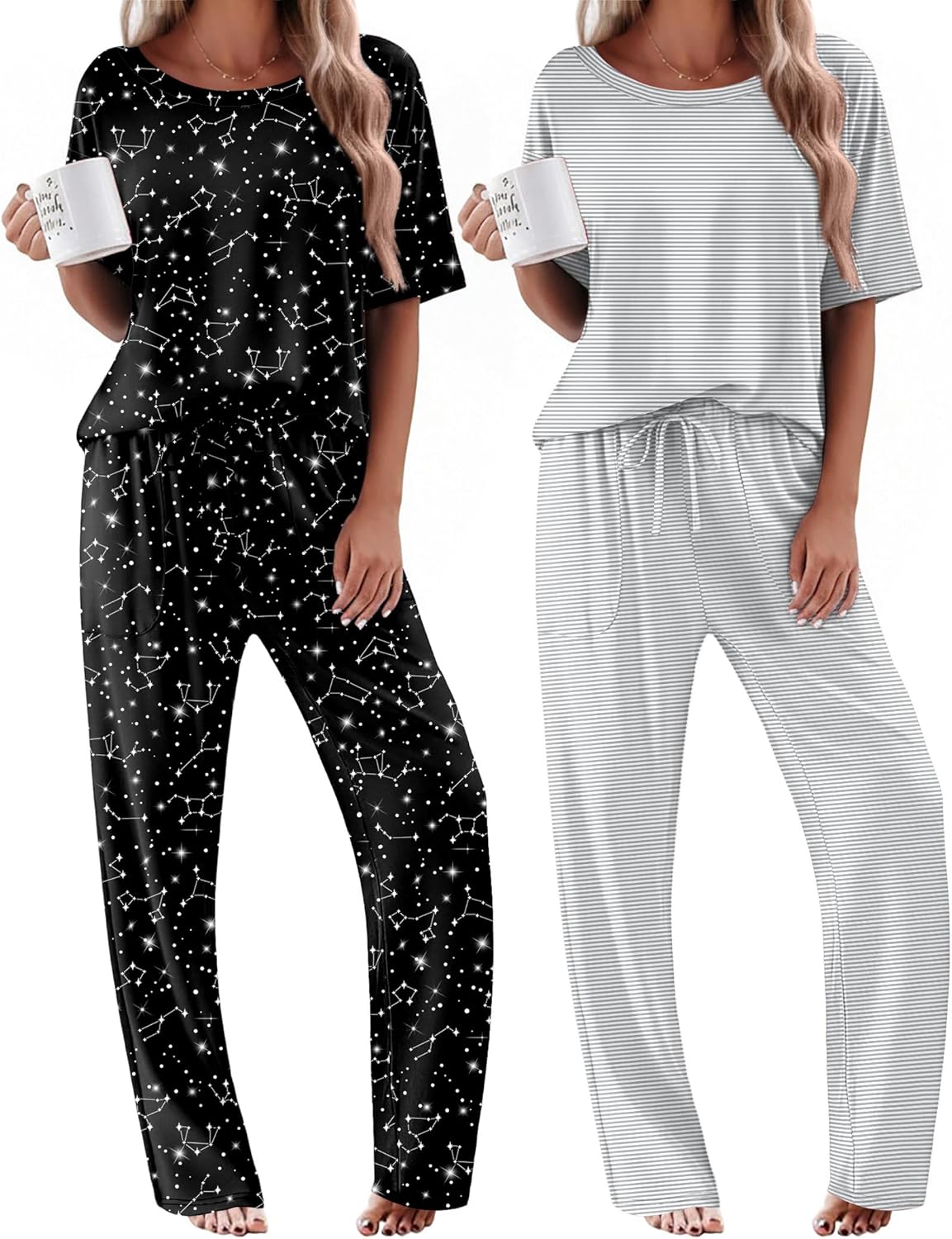 2 Pack Pajama Sets Short Sleeve Tops and Long Pants