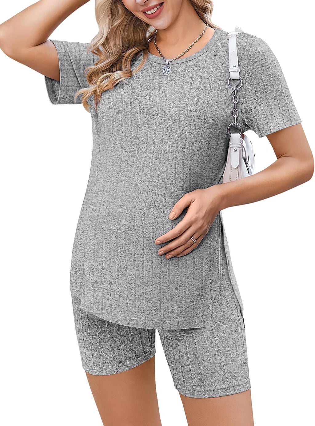 Maternity Sets 2 Piece Outfits Ribbed Knit Shirts and Shorts