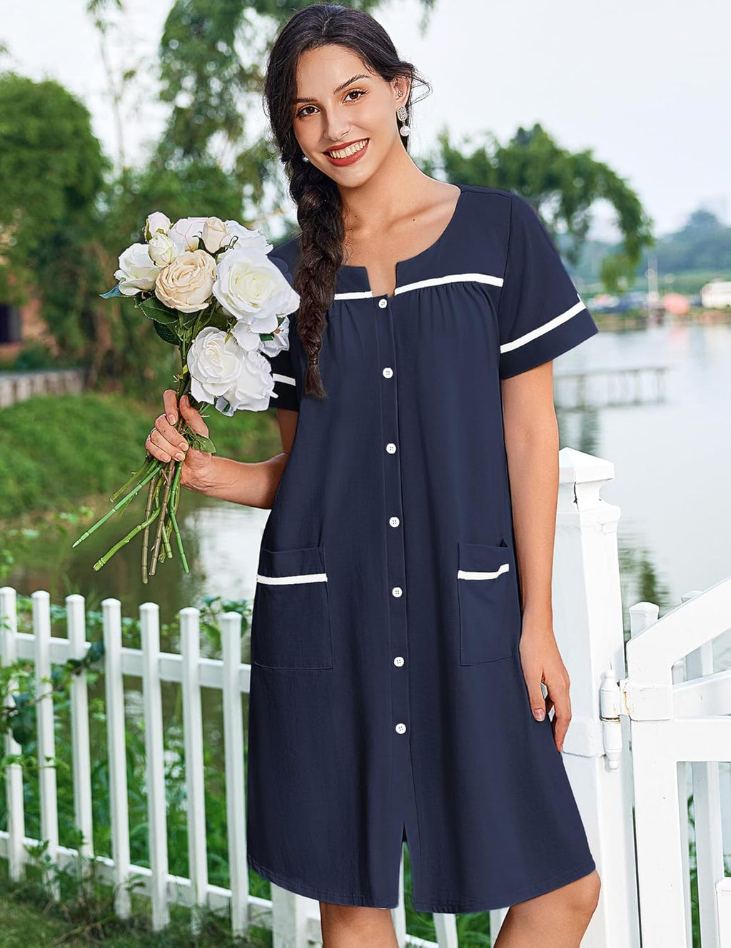 Cotton House Dress with Pockets Button Down Night Gown