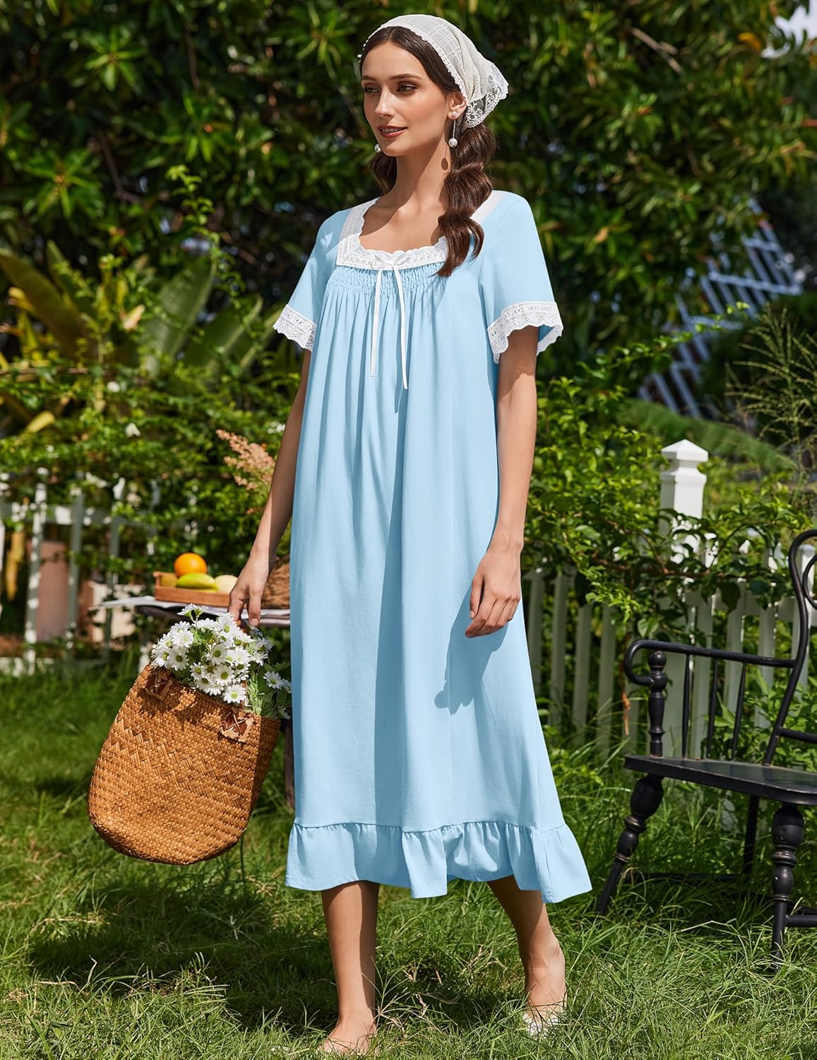 Cotton Nightgowns Vintage Short Sleeve Lace  Nightdress
