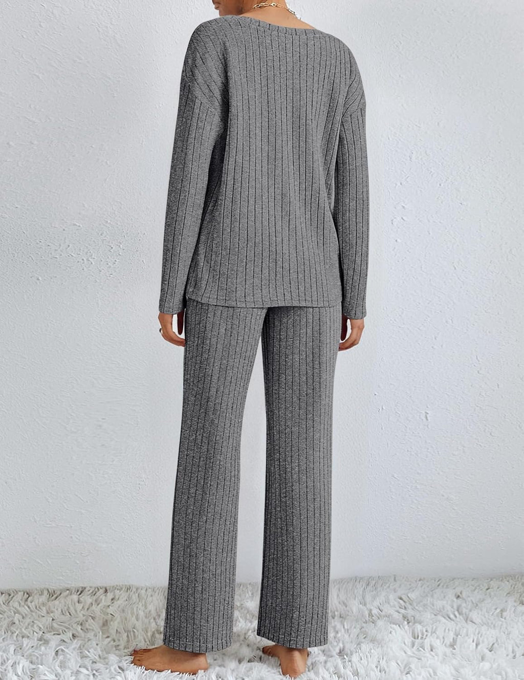Lounge Sets Long Sleeve Knit Ribbed Pajama Sets