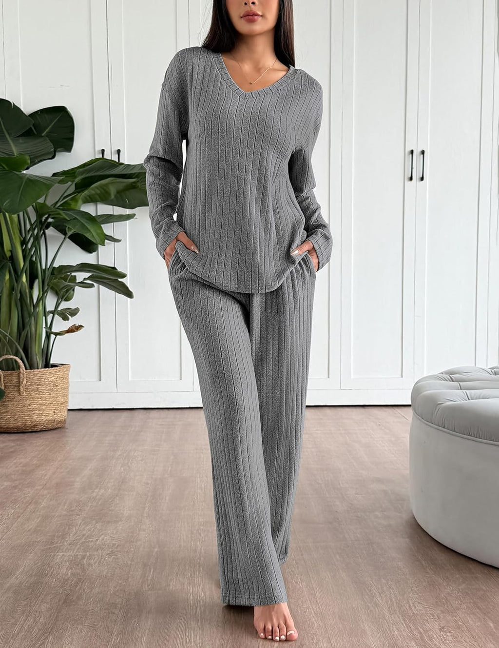 Lounge Sets Long Sleeve Knit Ribbed Pajama Sets