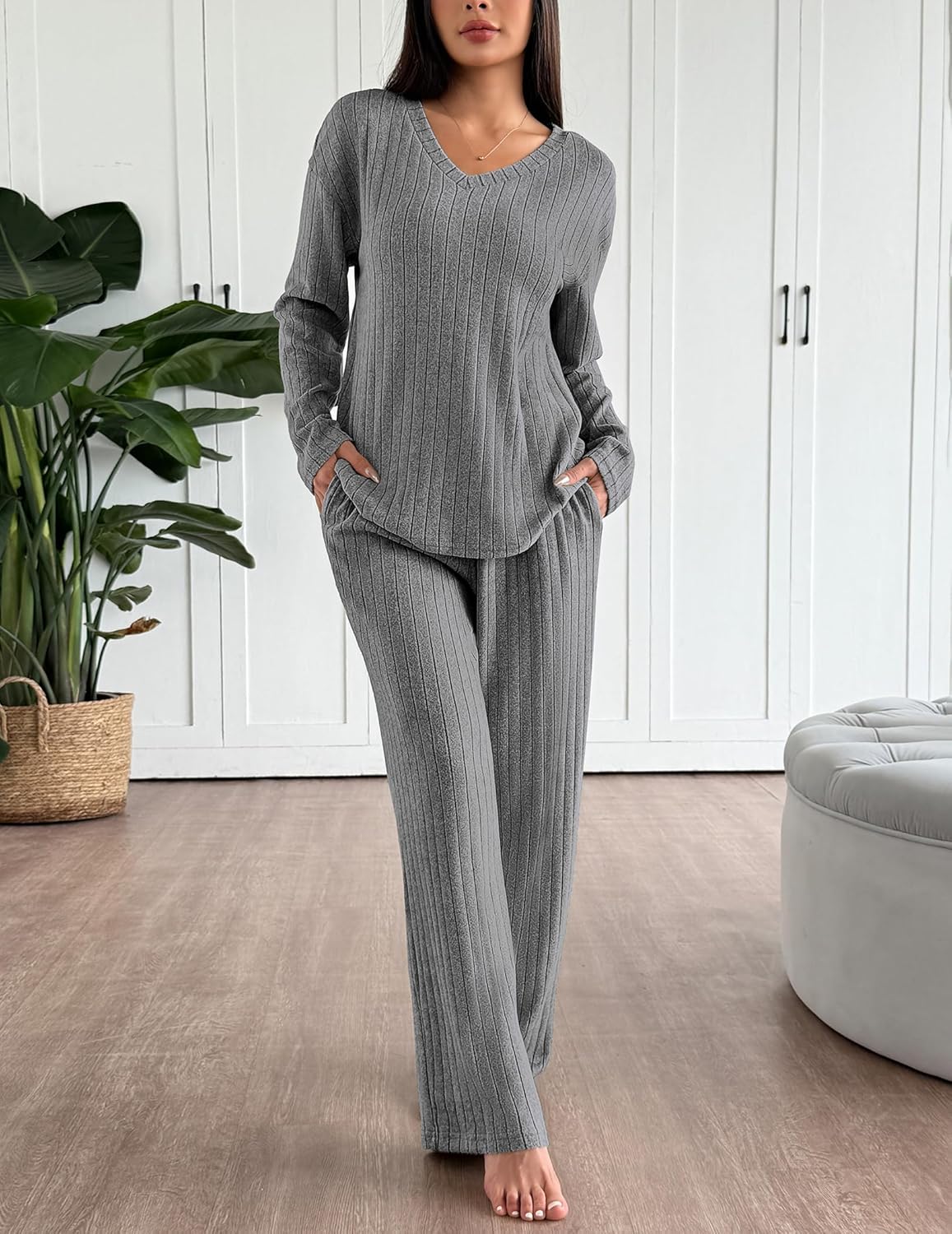Lounge Sets Long Sleeve Knit Ribbed Pajama Sets