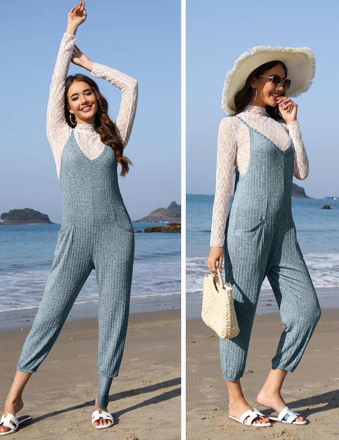 Jumpsuits for Women Sleeveless Ribbed Overall Jumpsuit Romper