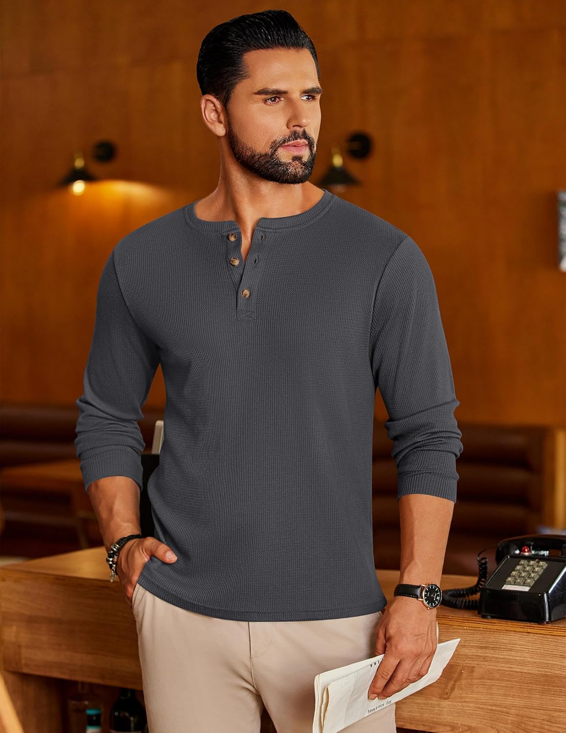 Mens Henley Long Sleeve Shirts Waffle T-Shirt