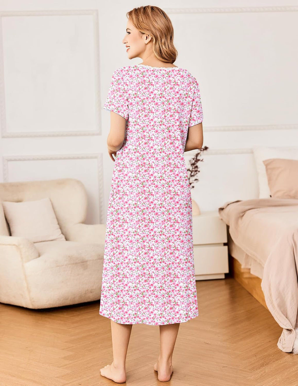 Short Sleeve Floral Nightdress Button House Dress with Pockets