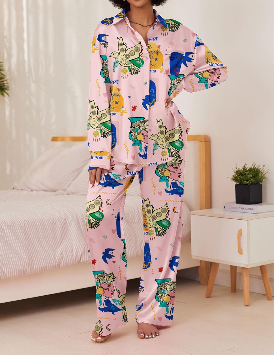 Satin Silky Pajama Set 2 Piece Soft Print PJs Loungewear