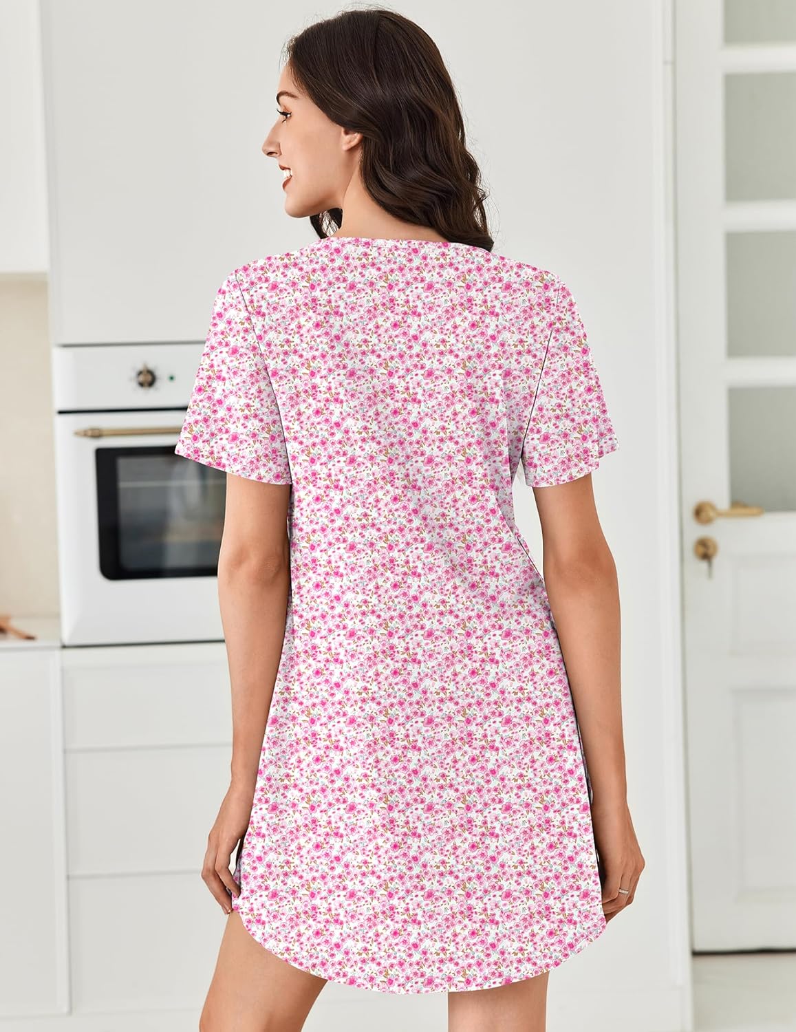 Cotton Night Gowns Pleated Henley V Neck Sleepshirts
