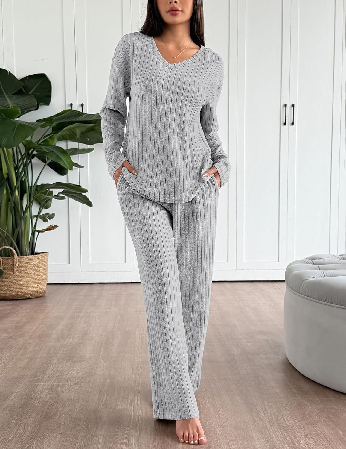 Lounge Sets Long Sleeve Knit Ribbed Pajama Sets