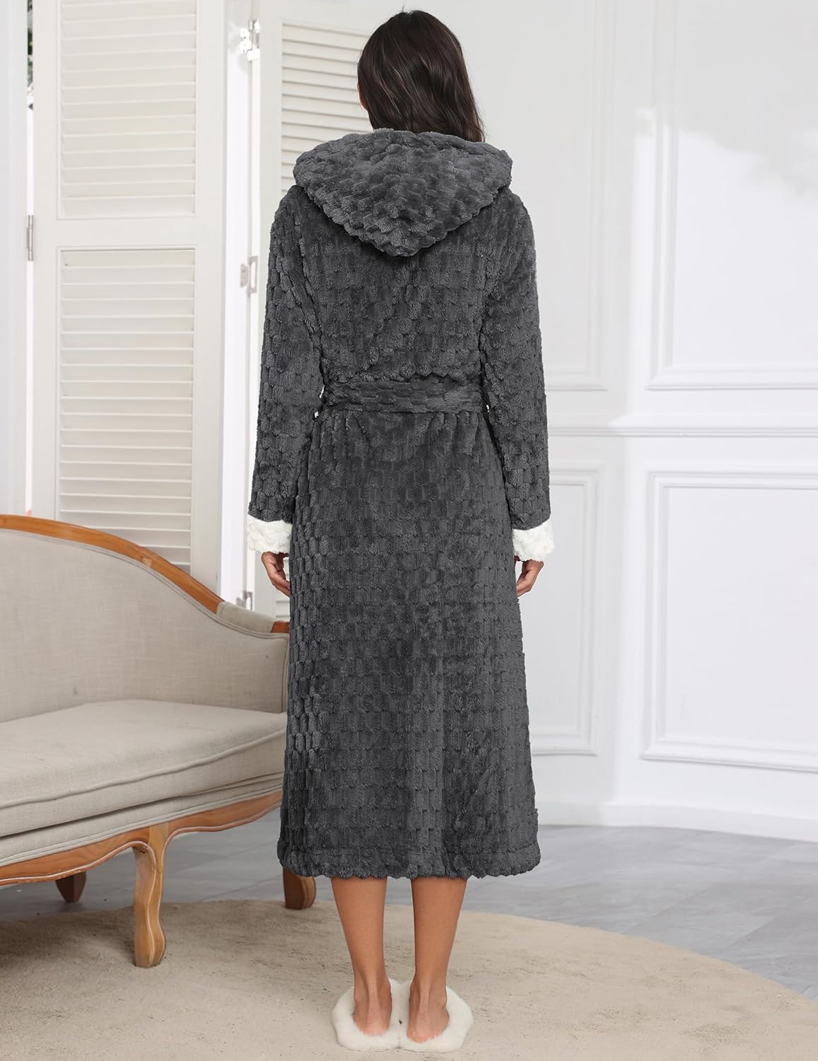 Plush Robes Long Soft Jacquard Fluffy Hooded Robe