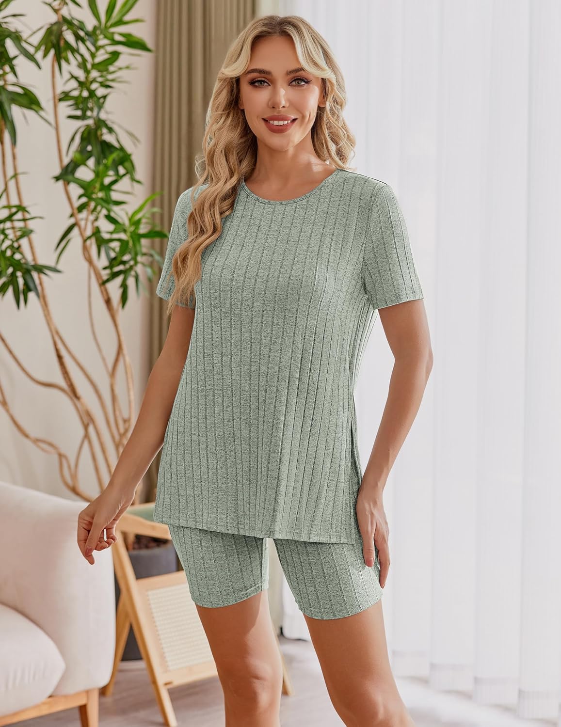 Maternity Sets 2 Piece Outfits Ribbed Knit Shirts and Shorts