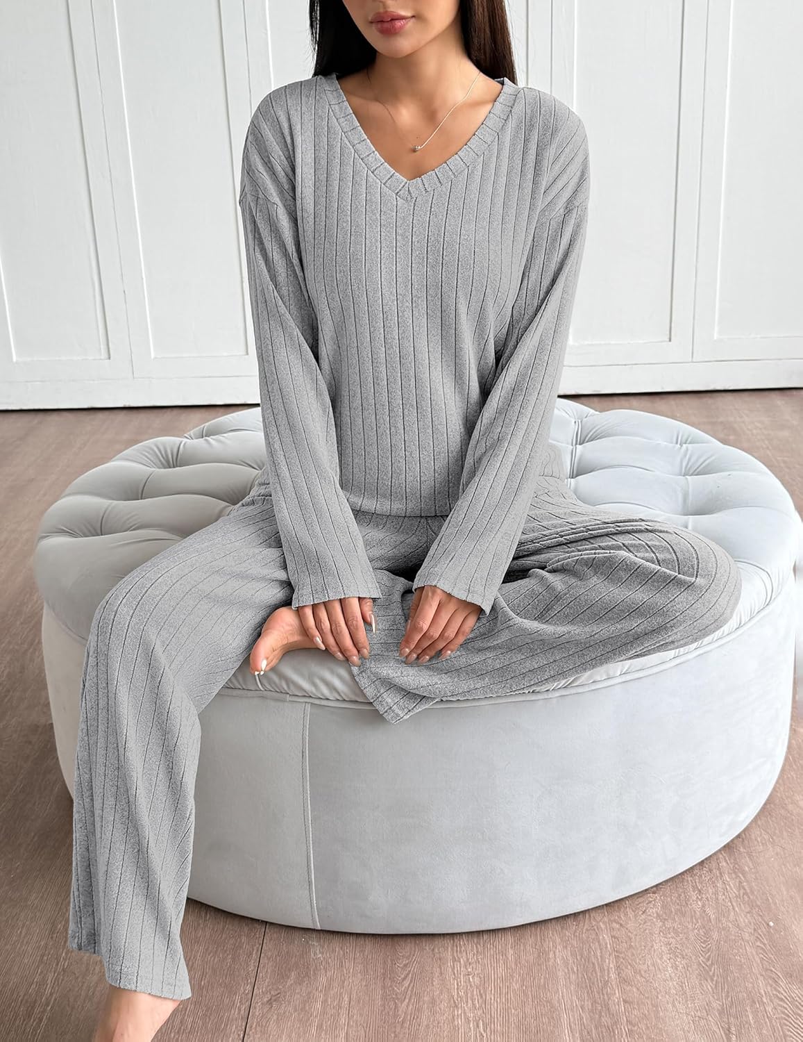 Lounge Sets Long Sleeve Knit Ribbed Pajama Sets