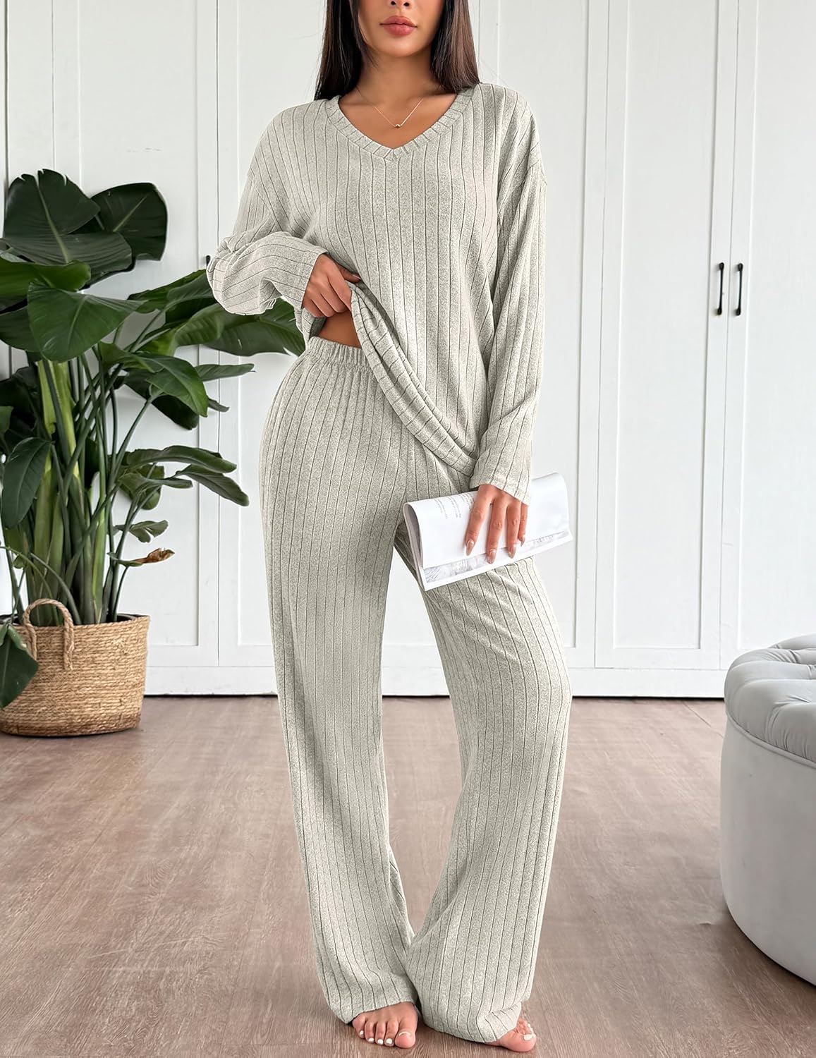 Lounge Sets Long Sleeve Knit Ribbed Pajama Sets