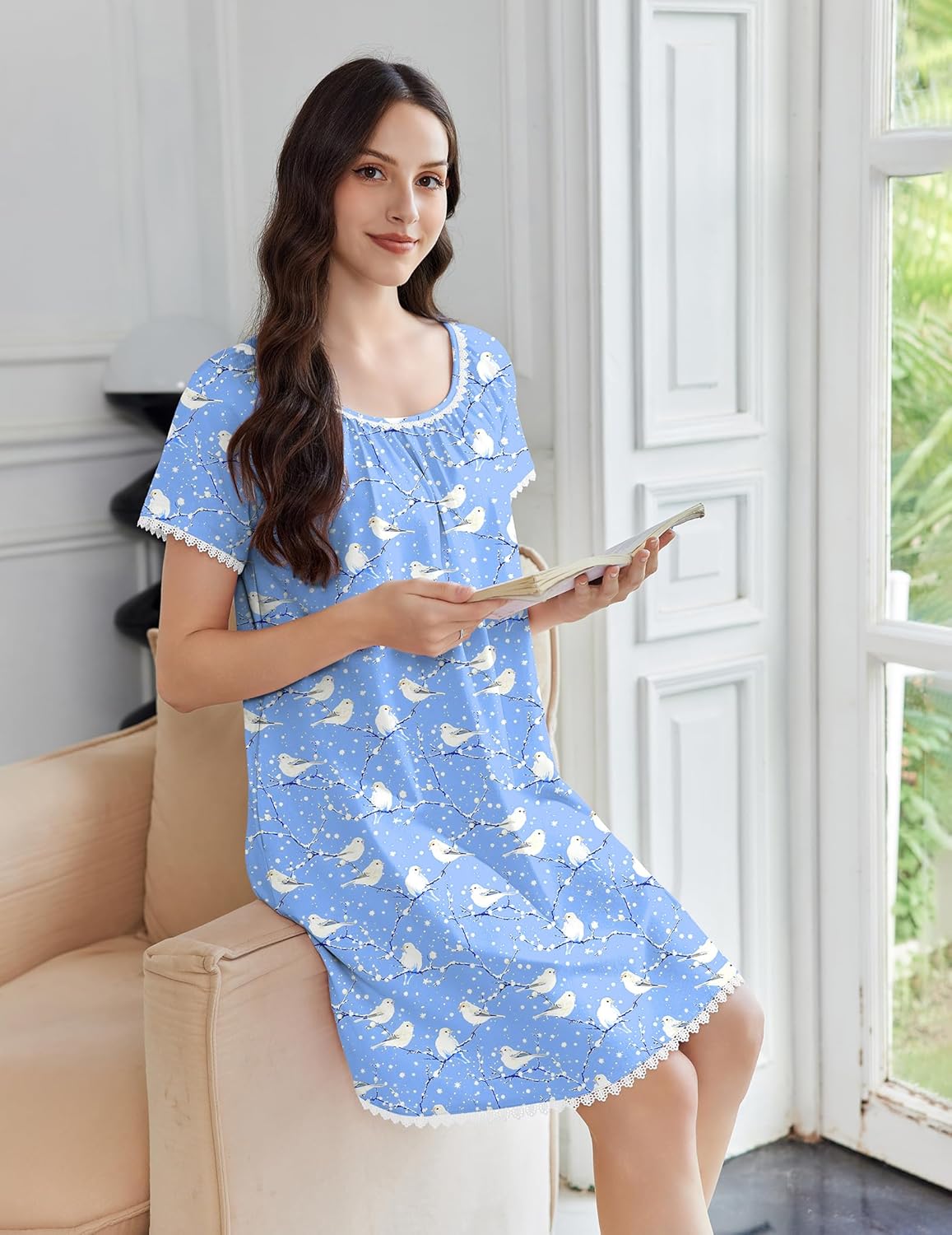 Cotton Nightgowns Lace Trim Short Sleeve Sleep Dress with Pockets