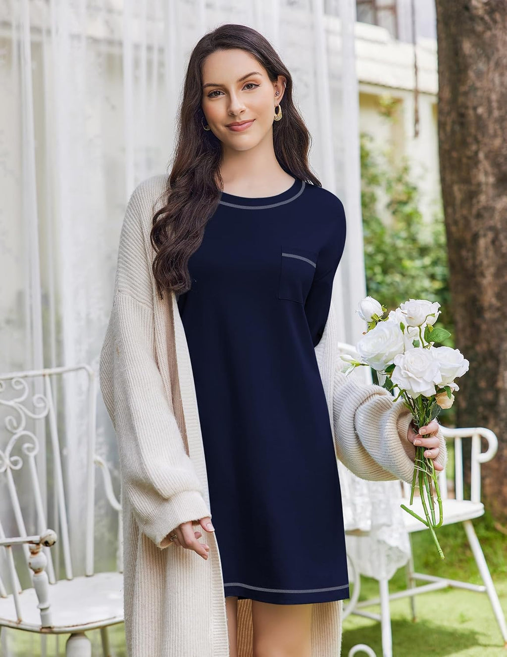 3 Pack Cotton Nightgowns Women Long Sleeve Sleep Shirts