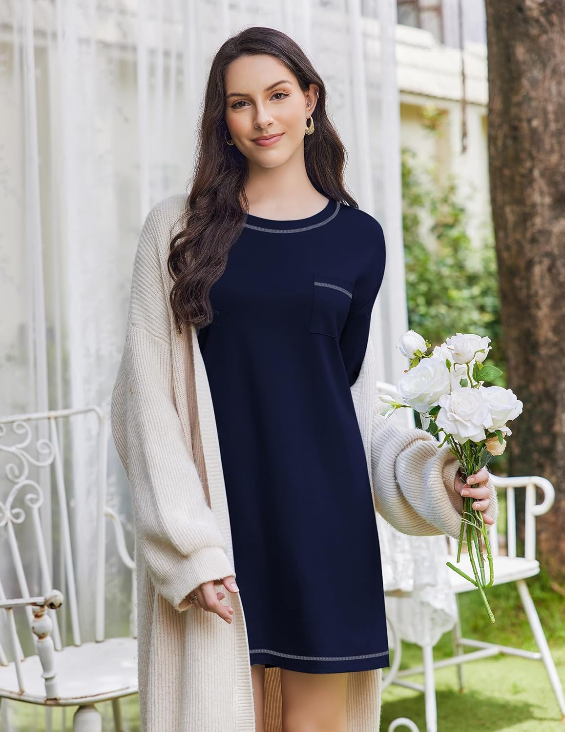 3 Pack Cotton Nightgowns Women Long Sleeve Sleep Shirts