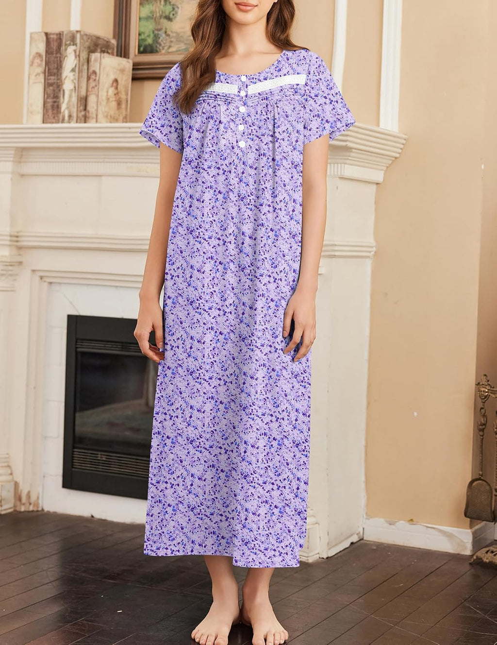 Cotton Long Night Gown Short Sleeve Nightdress with Pockets