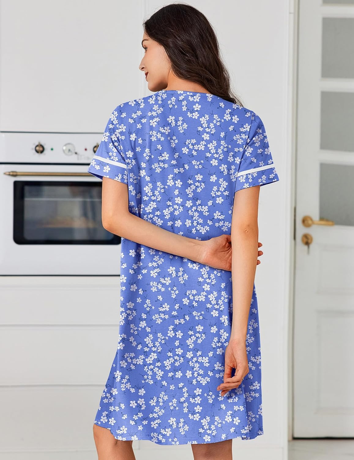 Cotton House Dress with Pockets Button Down Night Gown