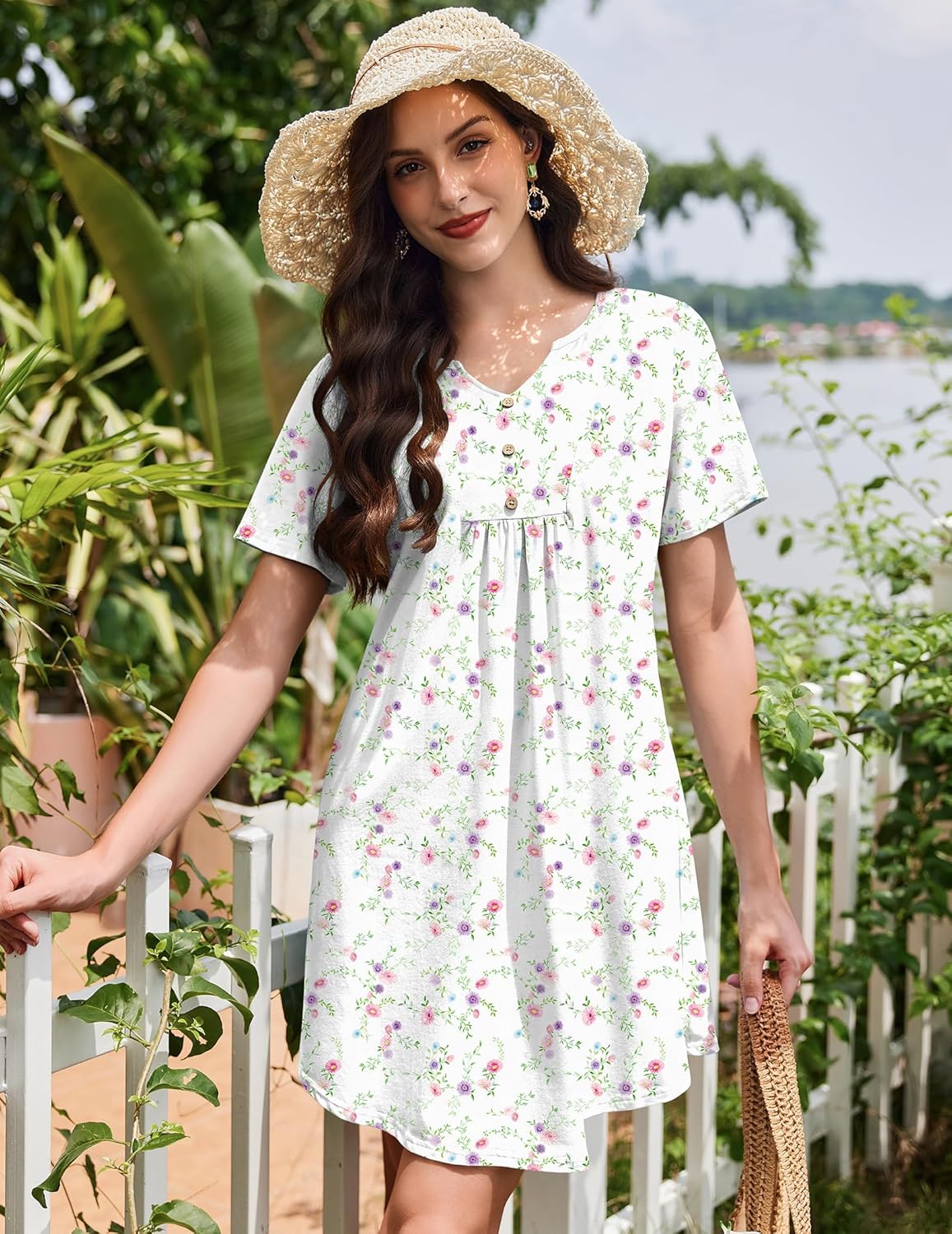 Cotton Night Gowns Pleated Henley V Neck Sleepshirts