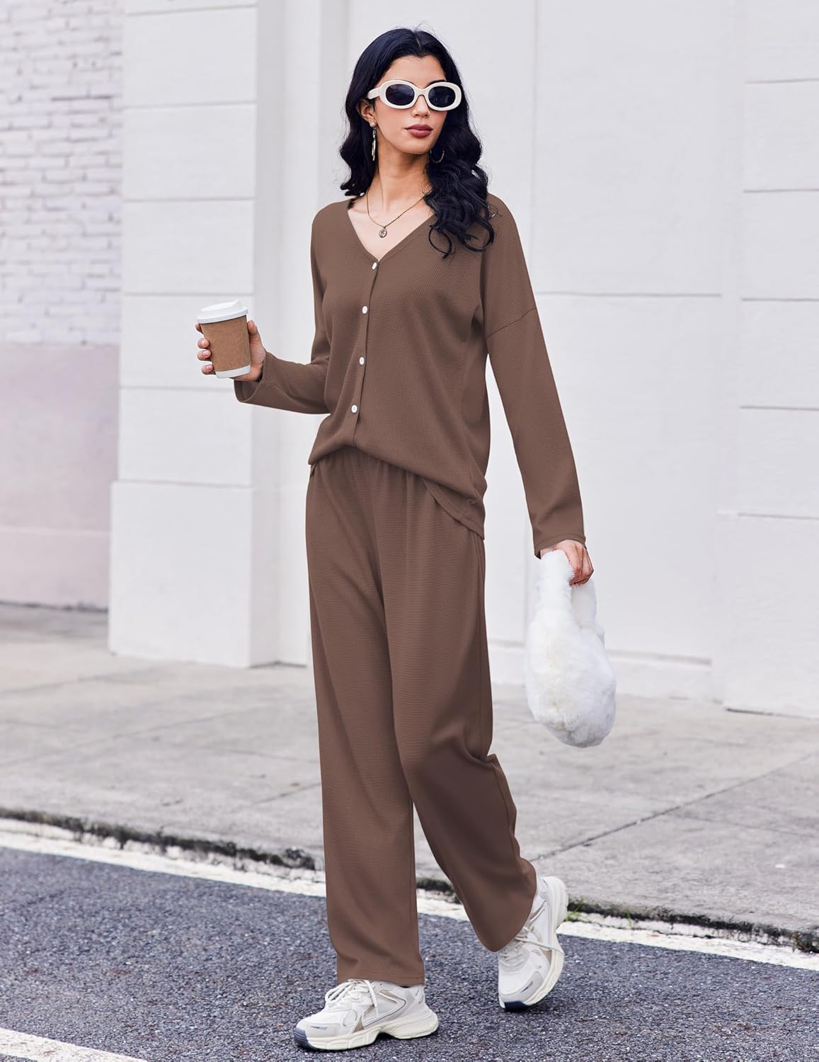 Waffle Knit Pajamas Long Sleeve Lounge Set