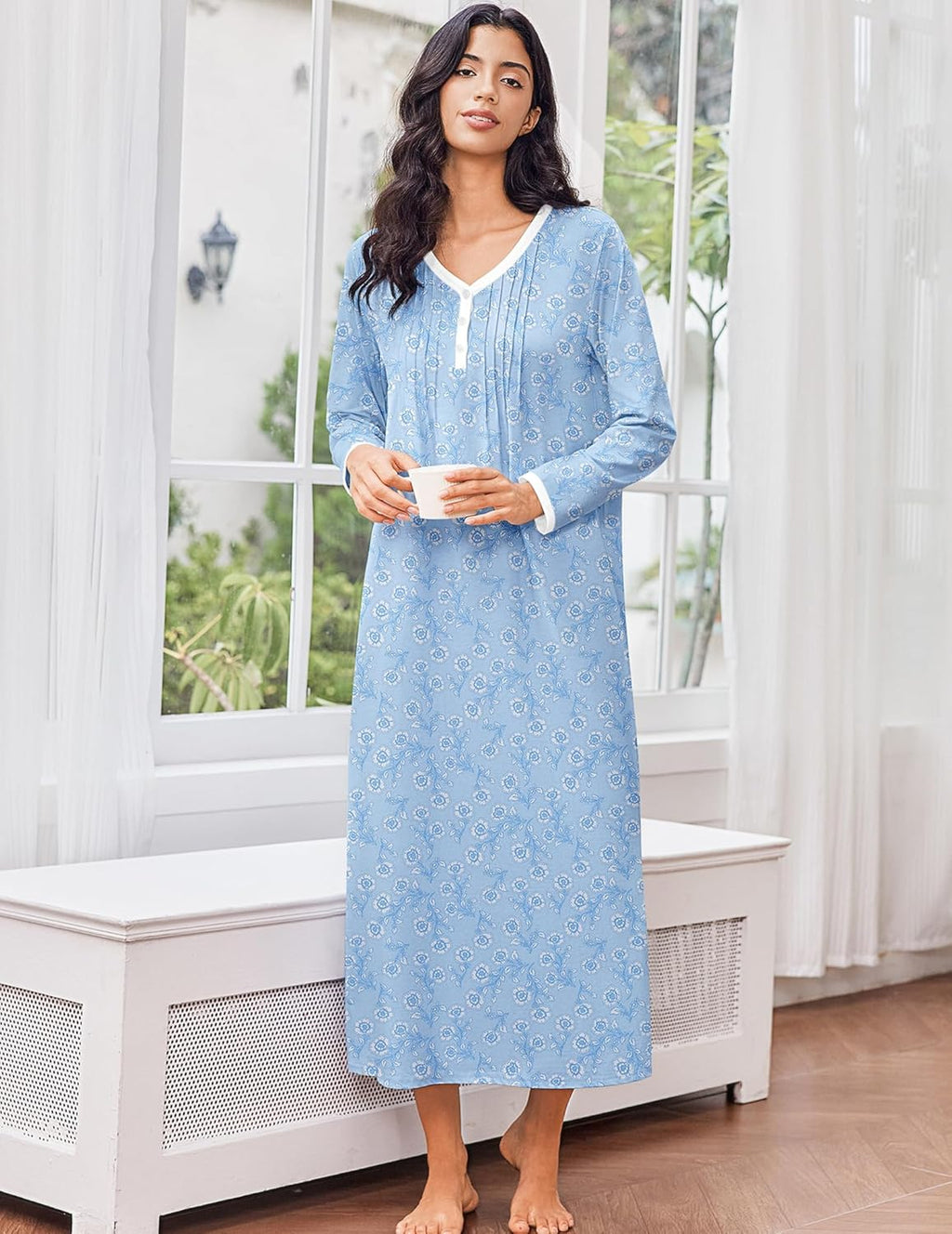 Cotton Floral Nightgowns Long Sleeve Full Length Night Gown