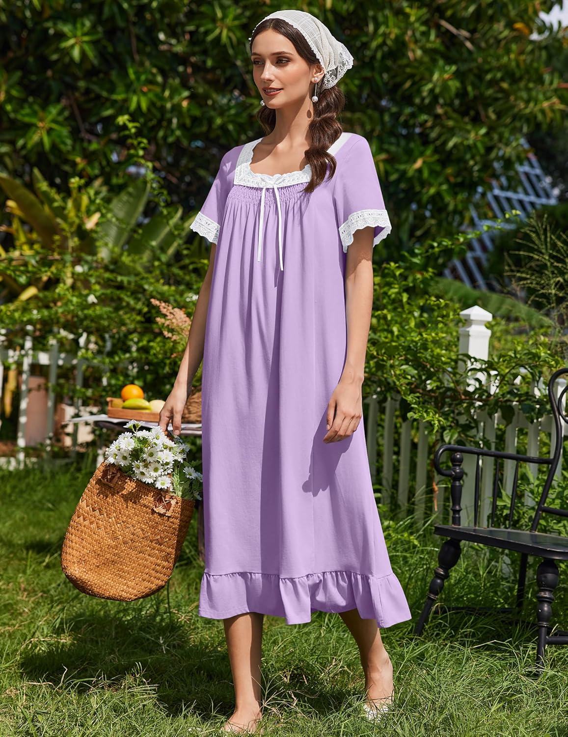 Cotton Nightgowns Vintage Short Sleeve Lace  Nightdress