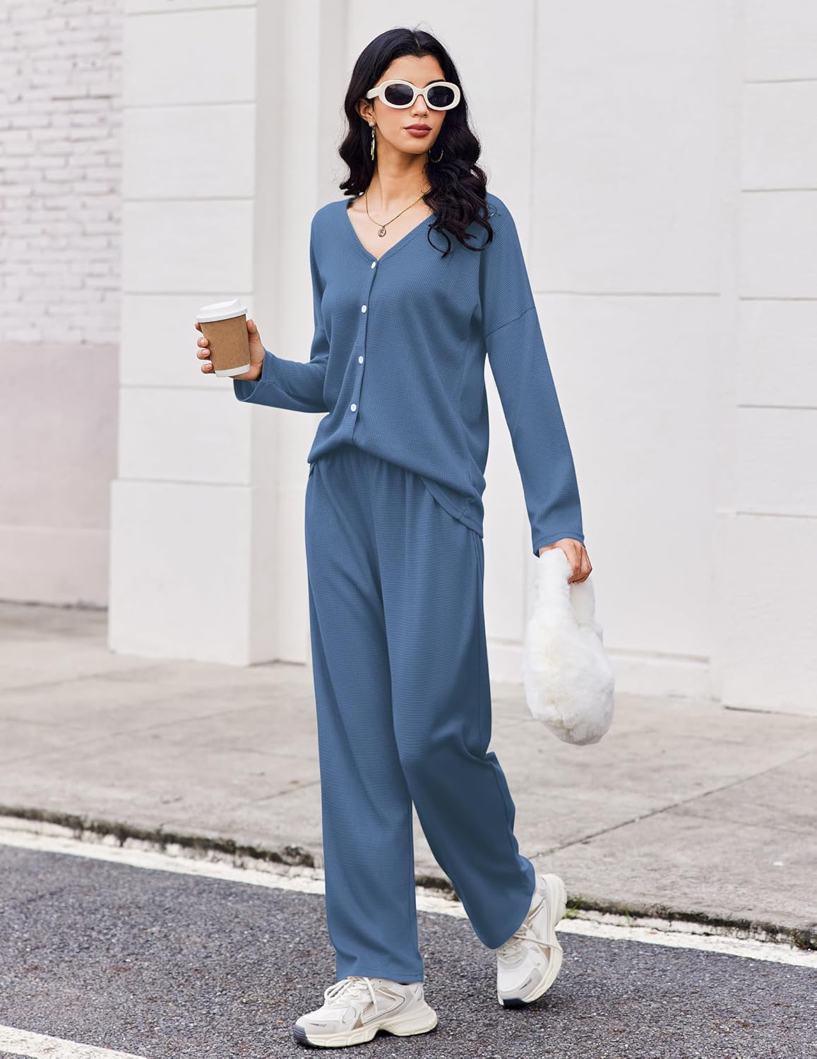Waffle Knit Pajamas Long Sleeve Lounge Set
