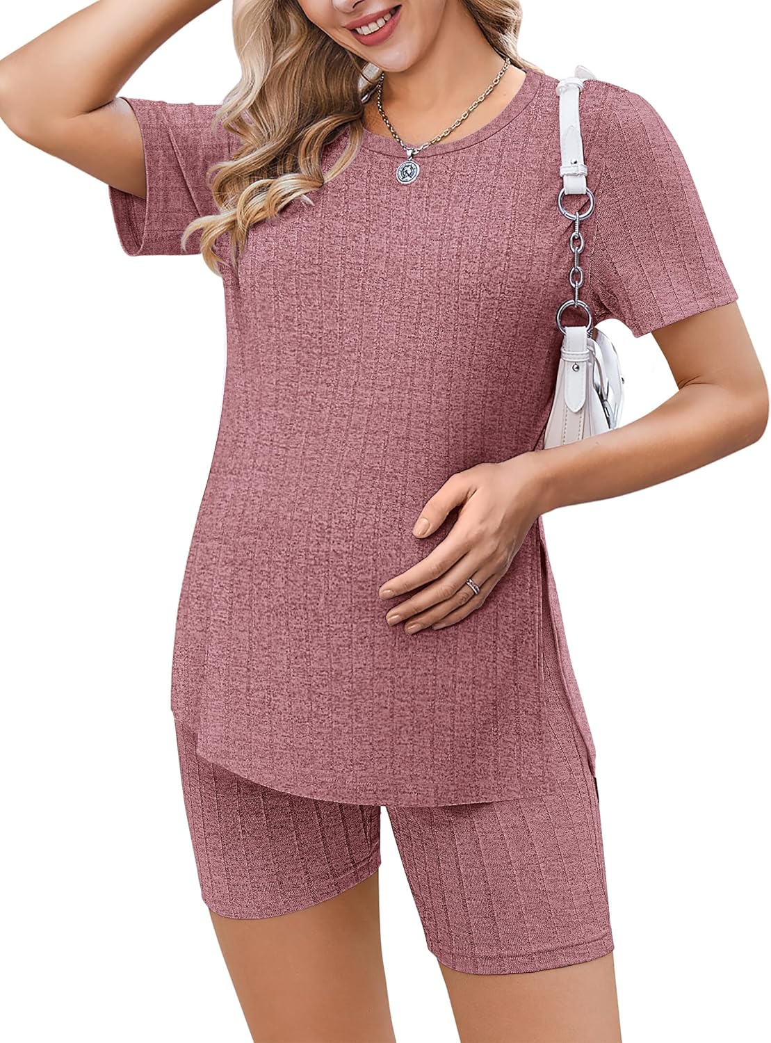Maternity Sets 2 Piece Outfits Ribbed Knit Shirts and Shorts