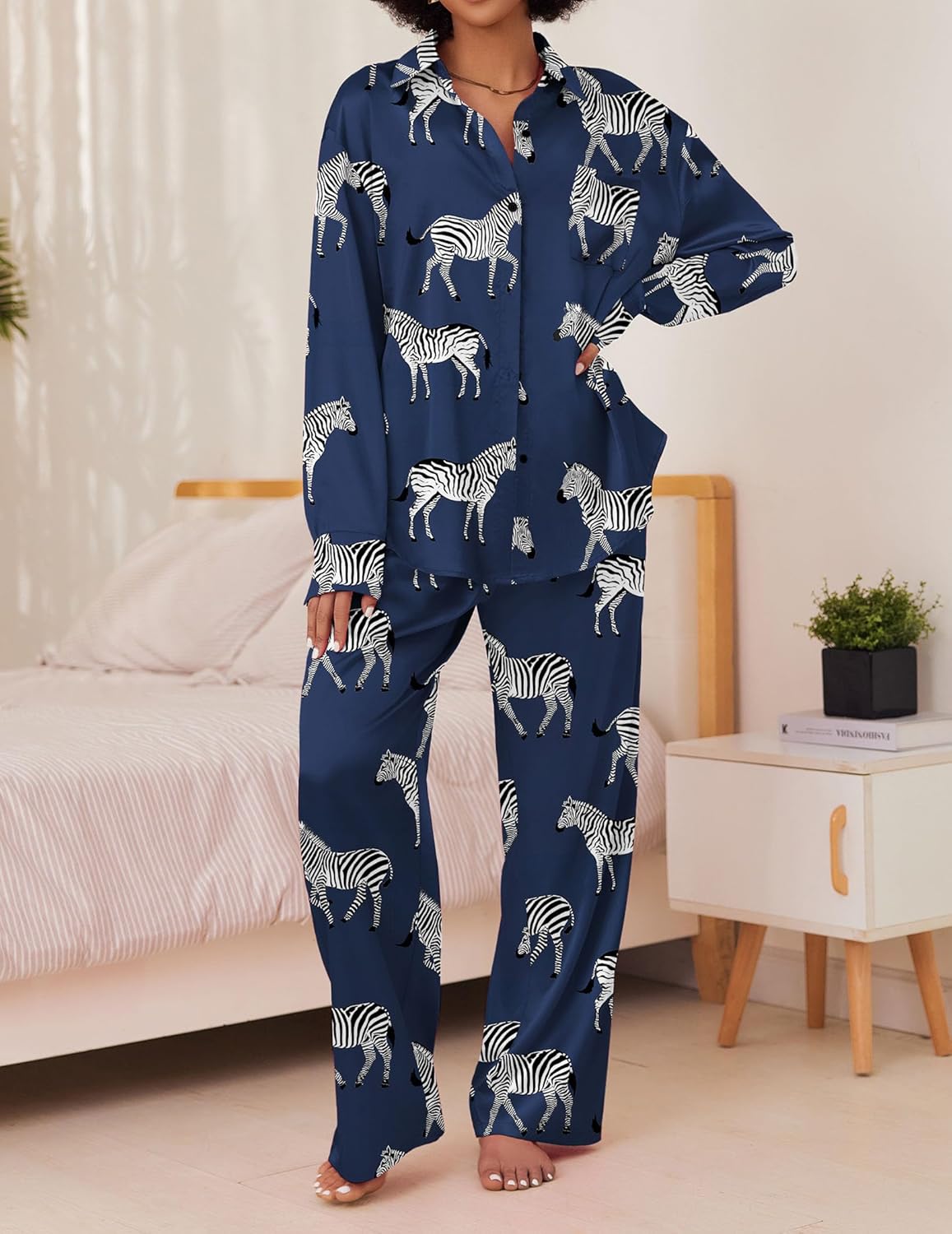 Satin Silky Pajama Set 2 Piece Soft Print PJs Loungewear