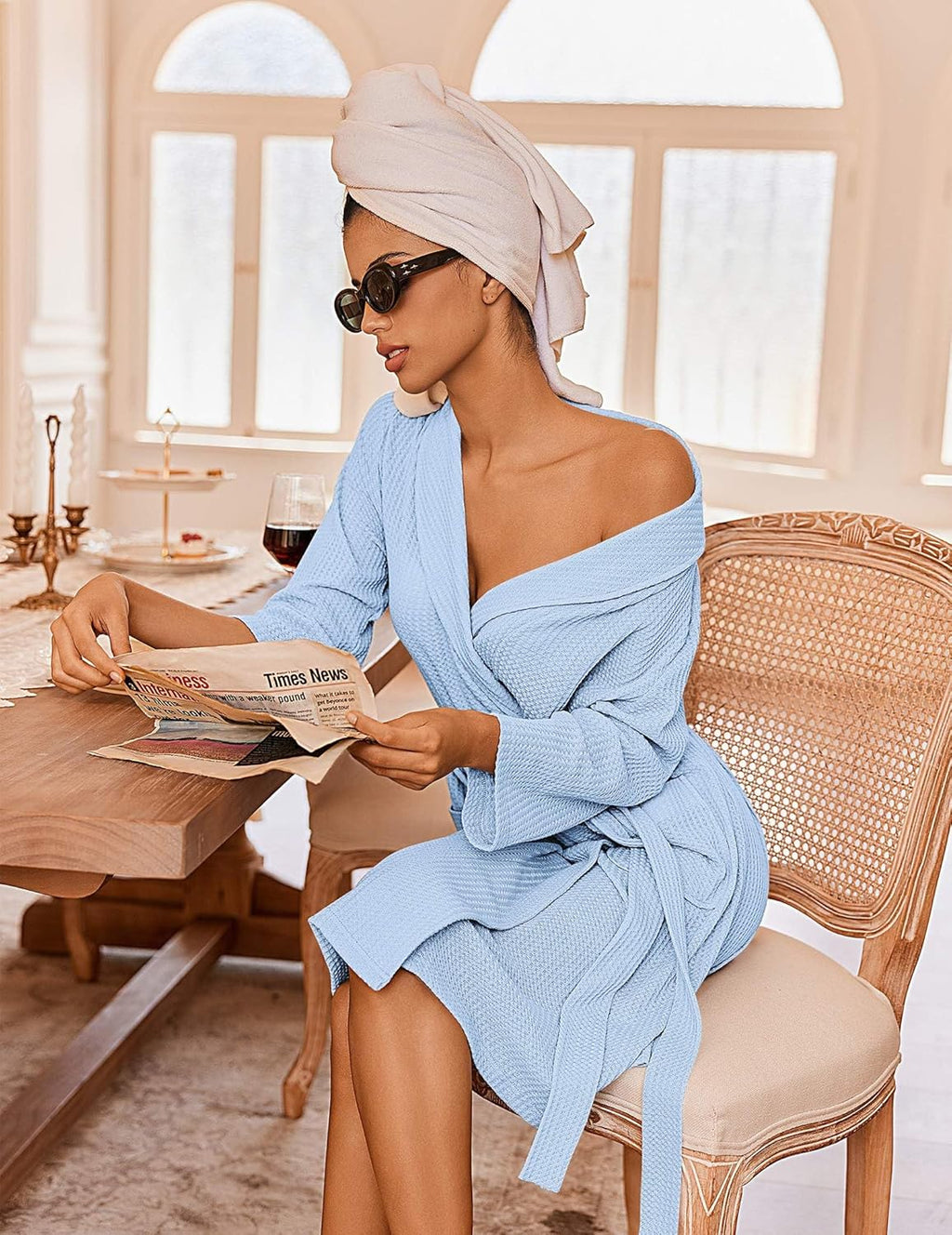 Waffle Knit Bathrobe Lightweight Kimono Robe with Pockets