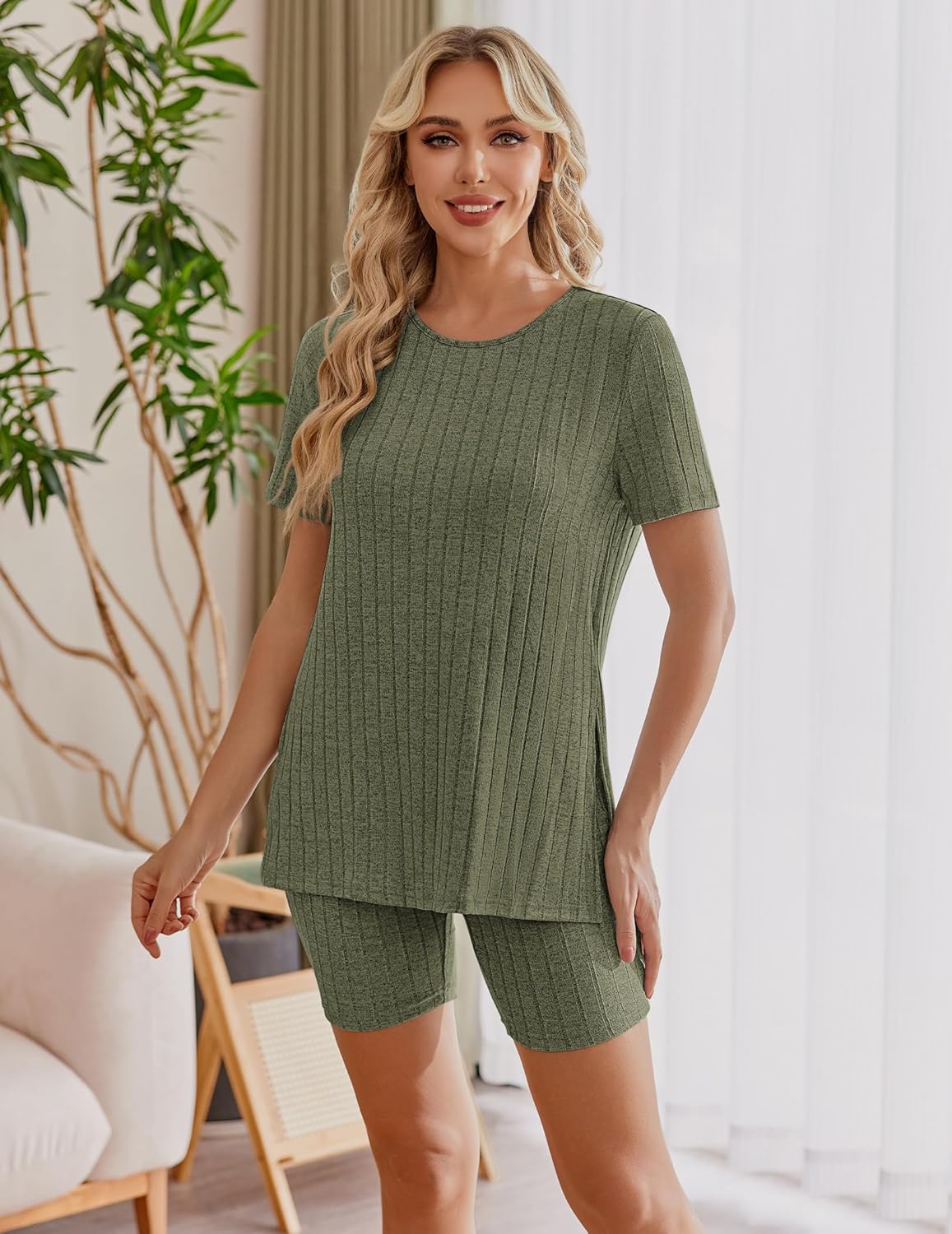 Maternity Sets 2 Piece Outfits Ribbed Knit Shirts and Shorts
