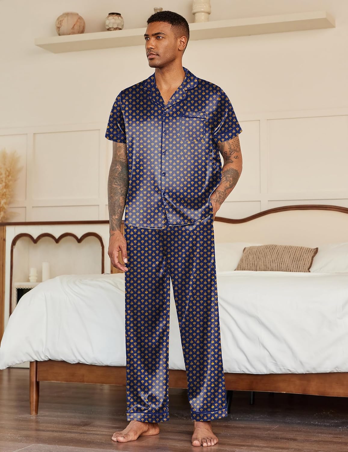 Mens Satin Pajama Set Button Down Sleepwear Set
