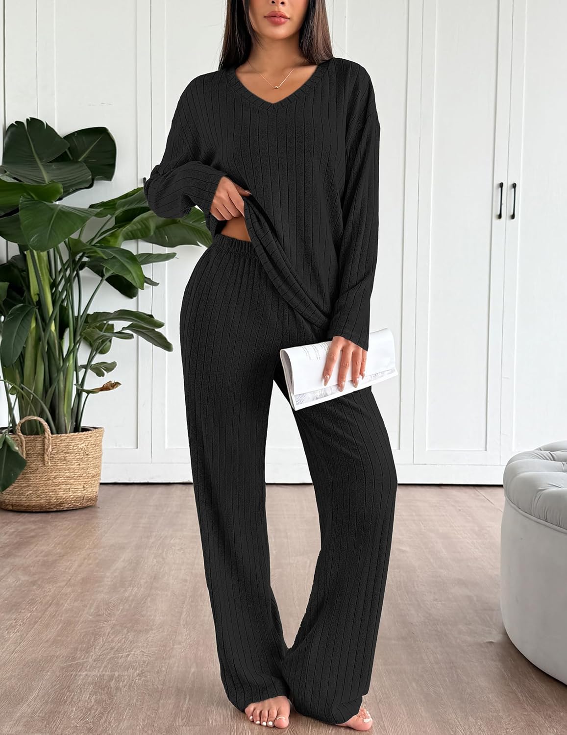 Lounge Sets Long Sleeve Knit Ribbed Pajama Sets