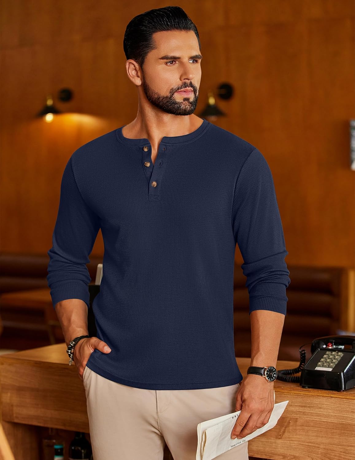 Mens Henley Long Sleeve Shirts Waffle T-Shirt