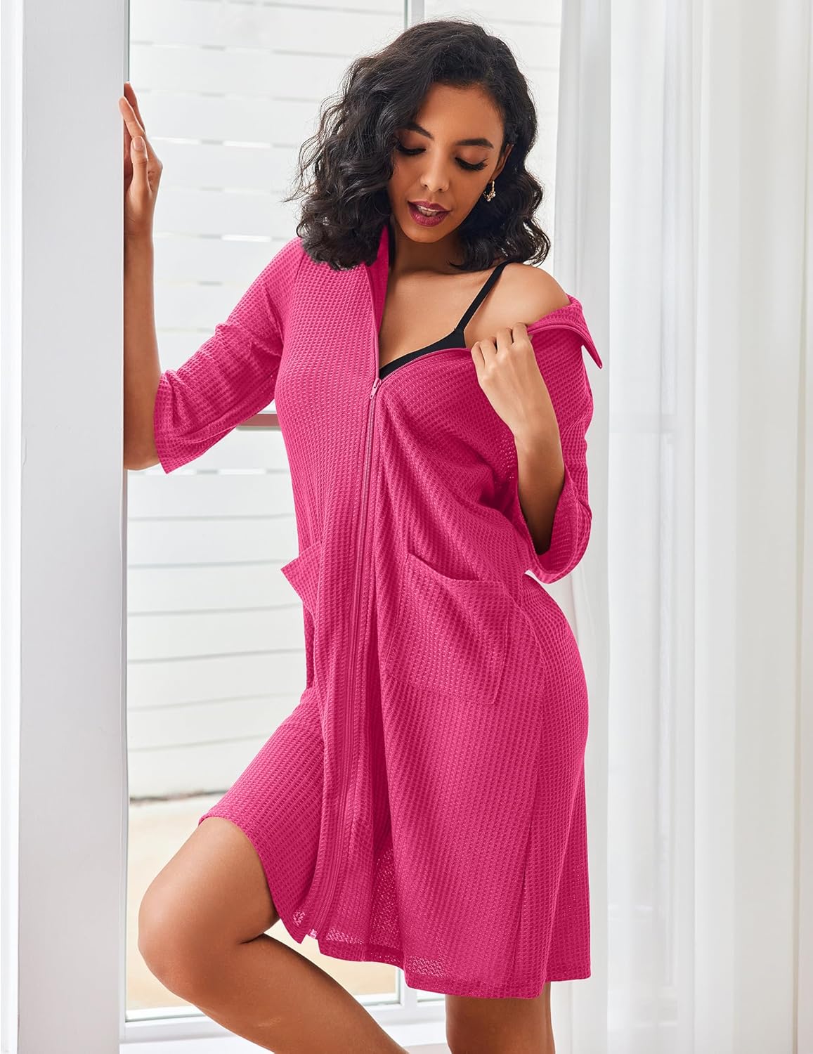 Zipper Robes Waffle Knit Bathrobes with Pockets