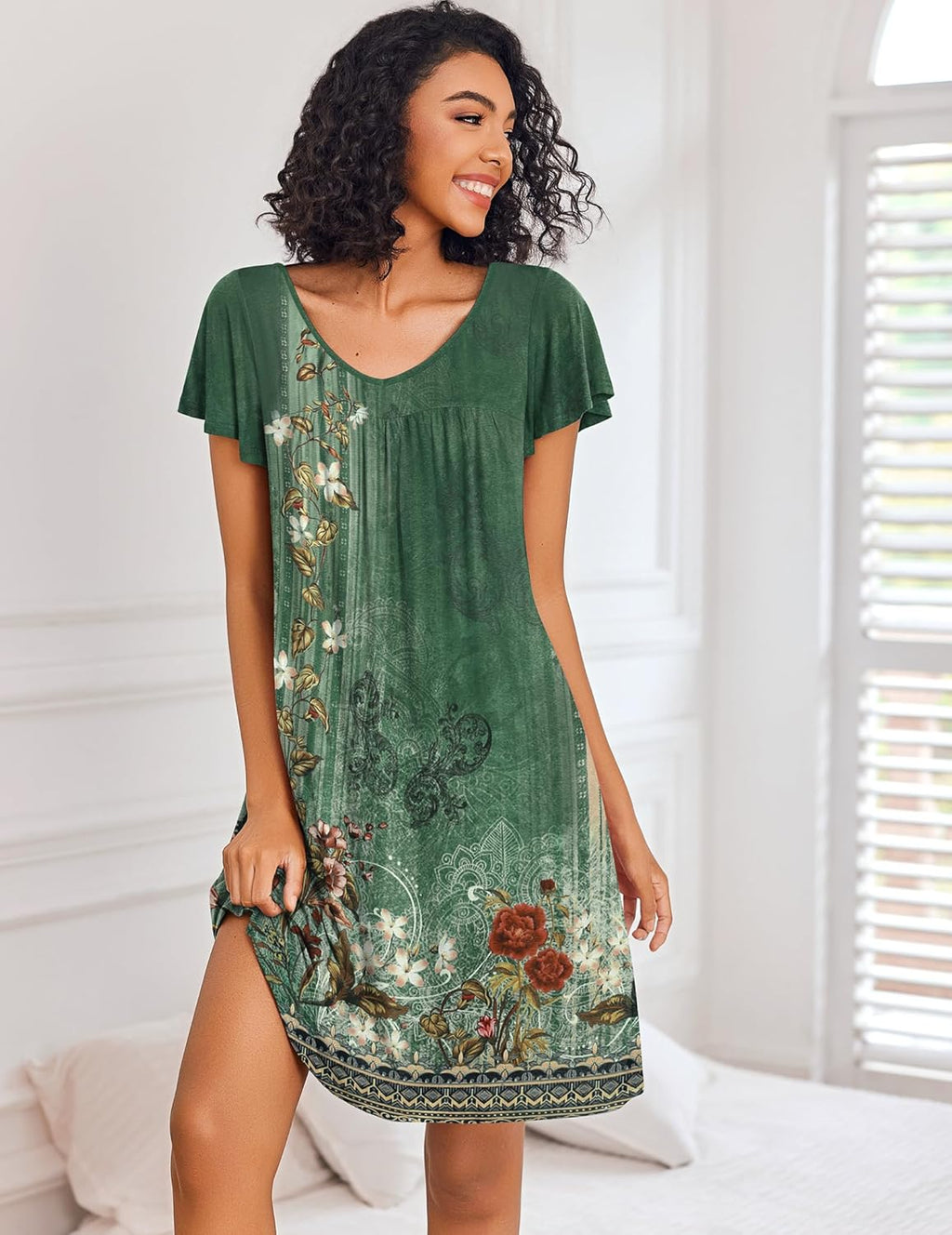 Short Sleeve Sleep Shirts Pleated Night Dress House Dress