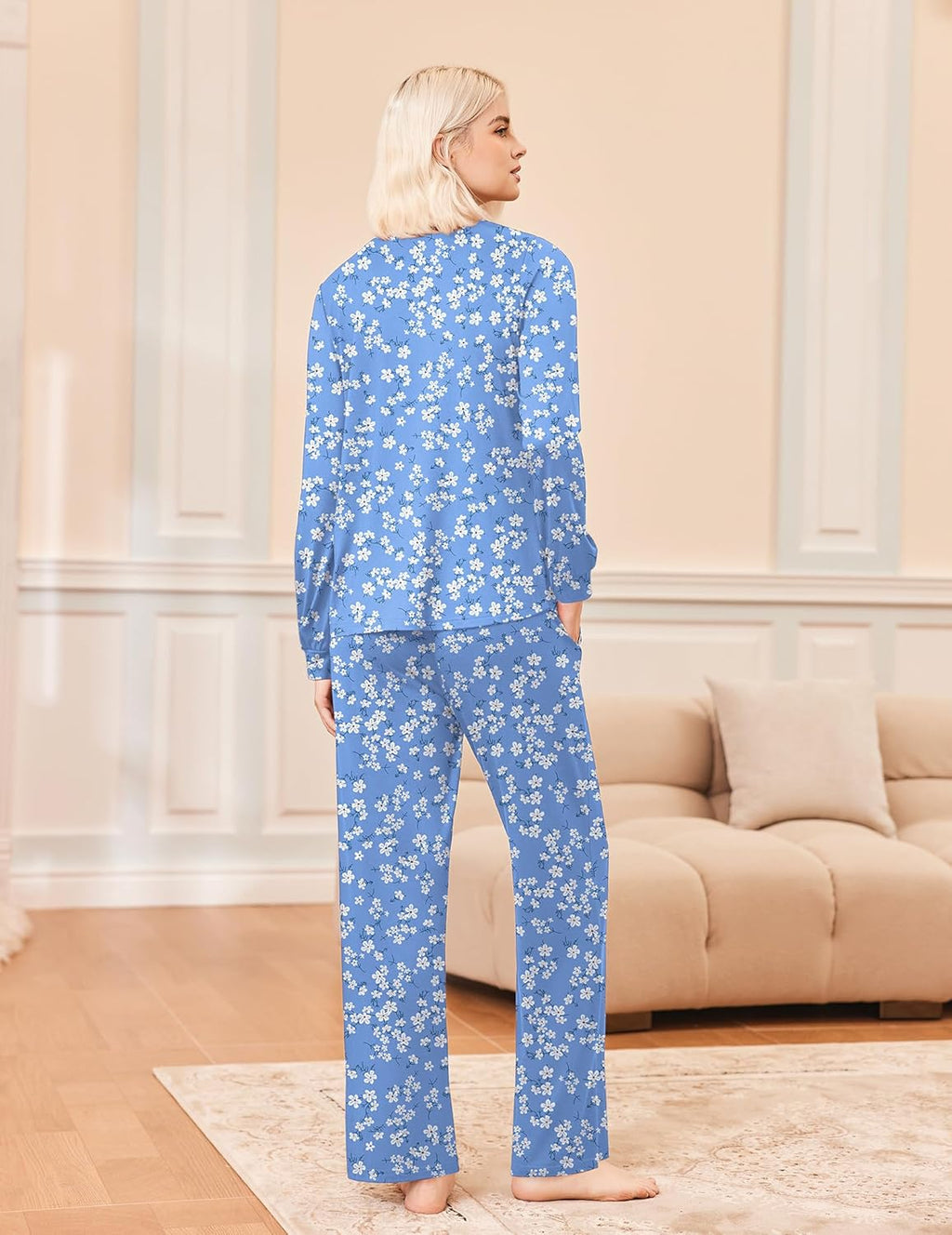 Long Sleeve Pleated V Neck Sleepwear with Pockets