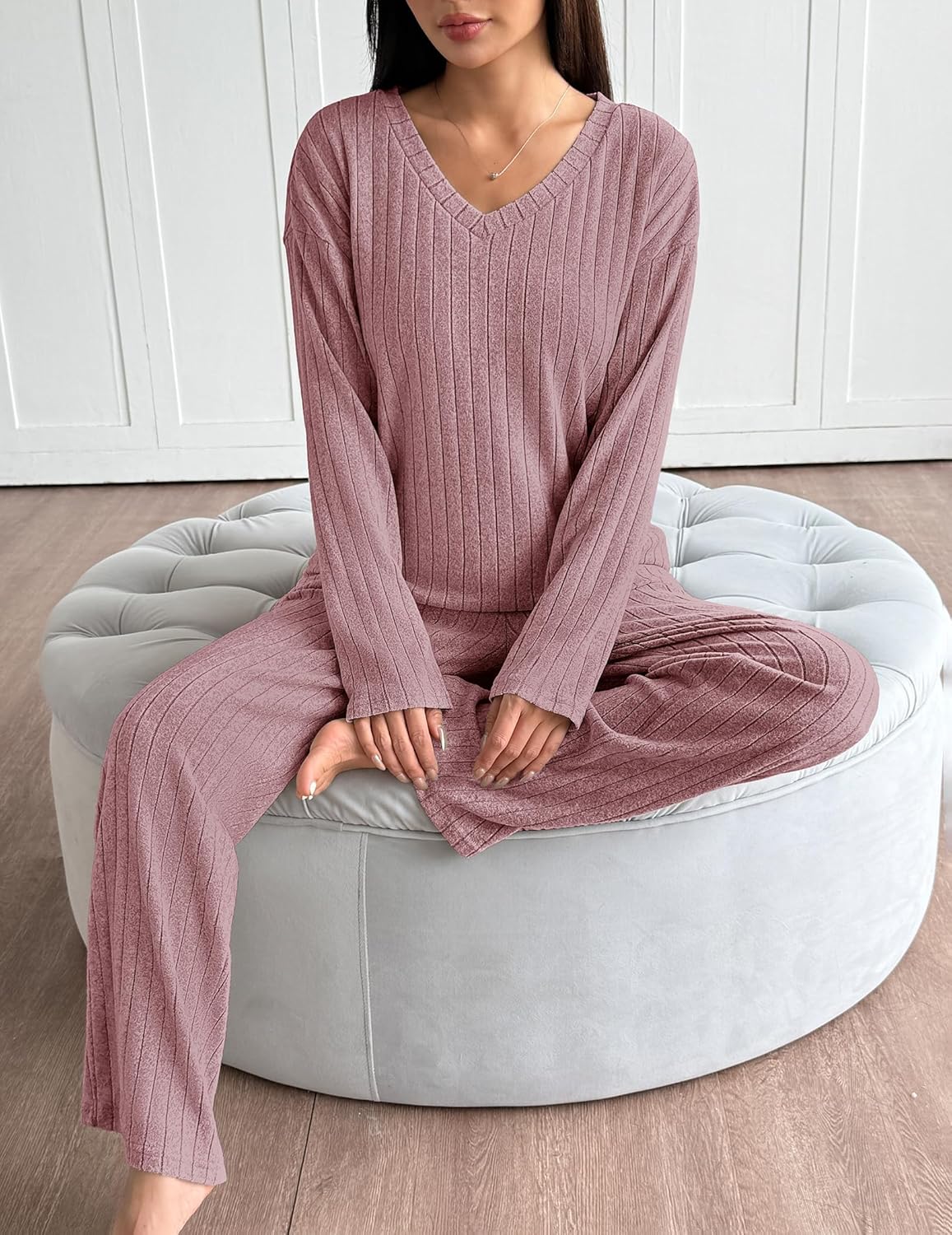 Lounge Sets Long Sleeve Knit Ribbed Pajama Sets