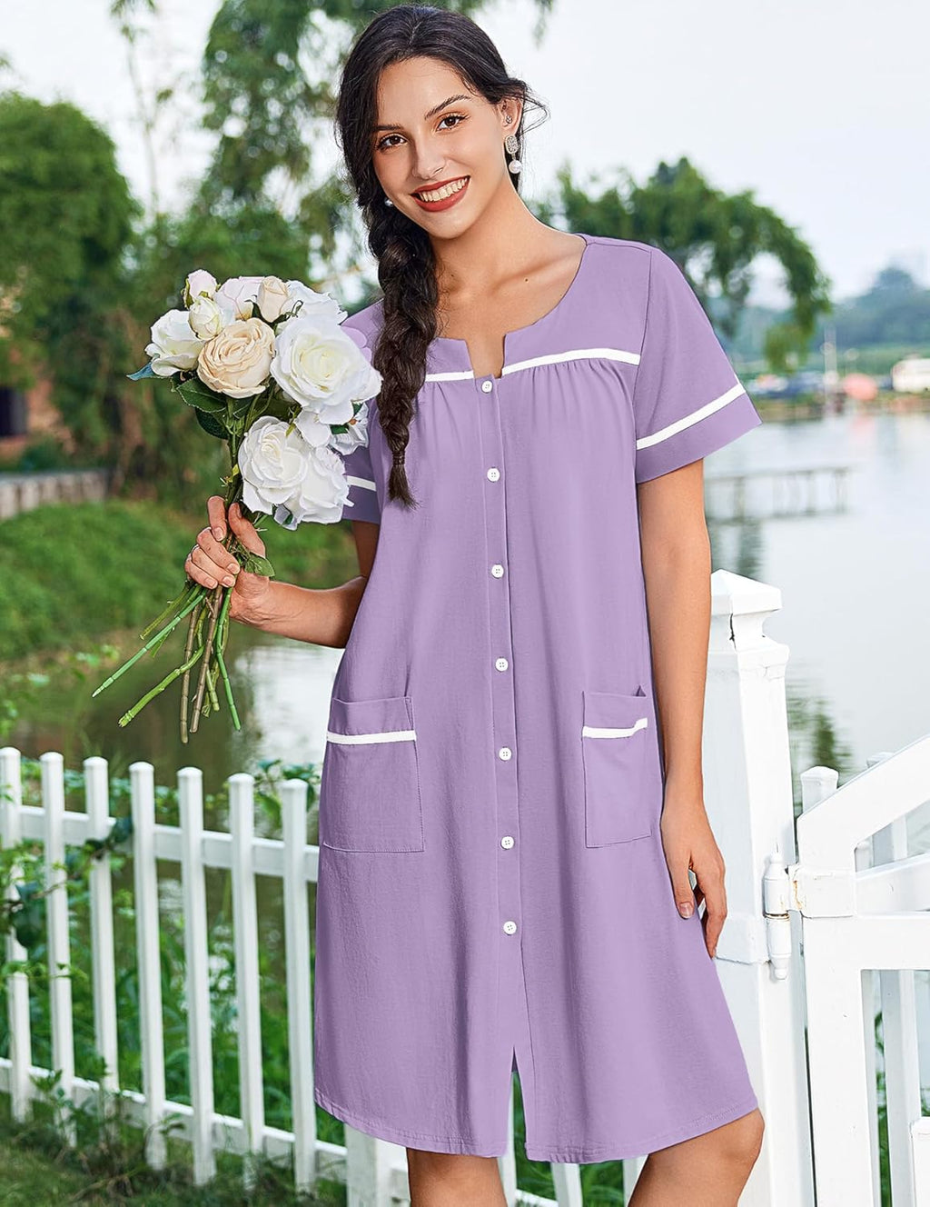 Cotton House Dress with Pockets Button Down Night Gown