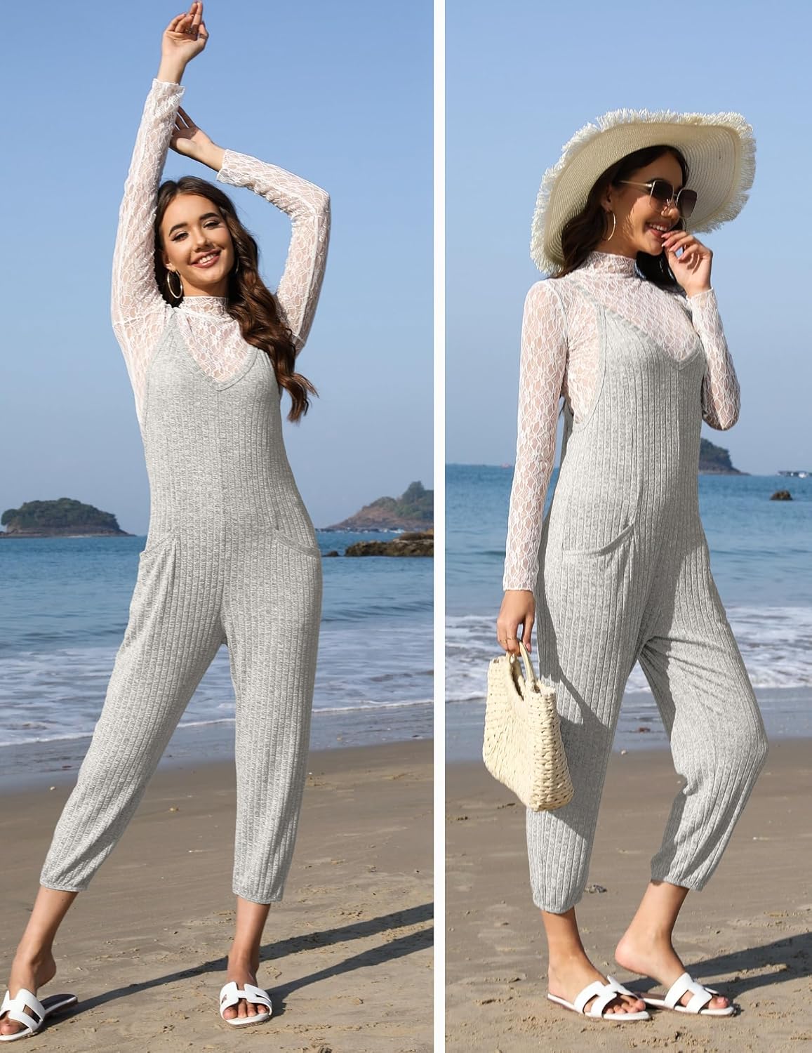 Jumpsuits for Women Sleeveless Ribbed Overall Jumpsuit Romper