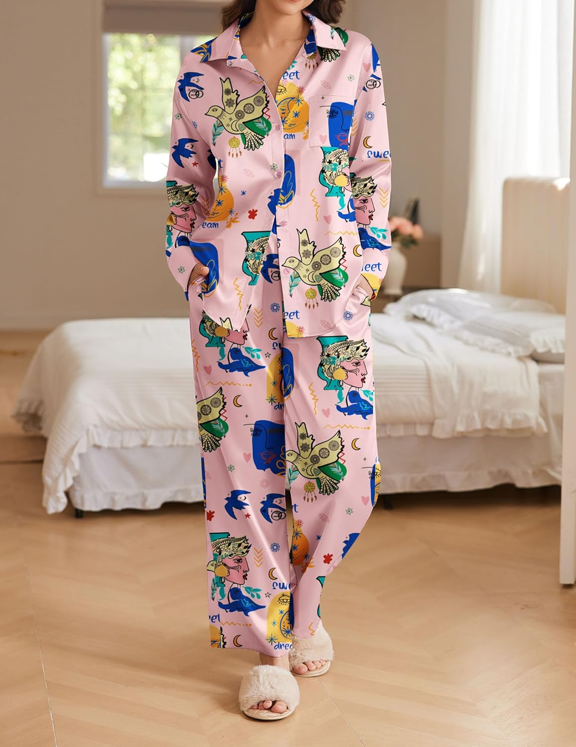 Satin Silky Pajama Set 2 Piece Soft Print PJs Loungewear