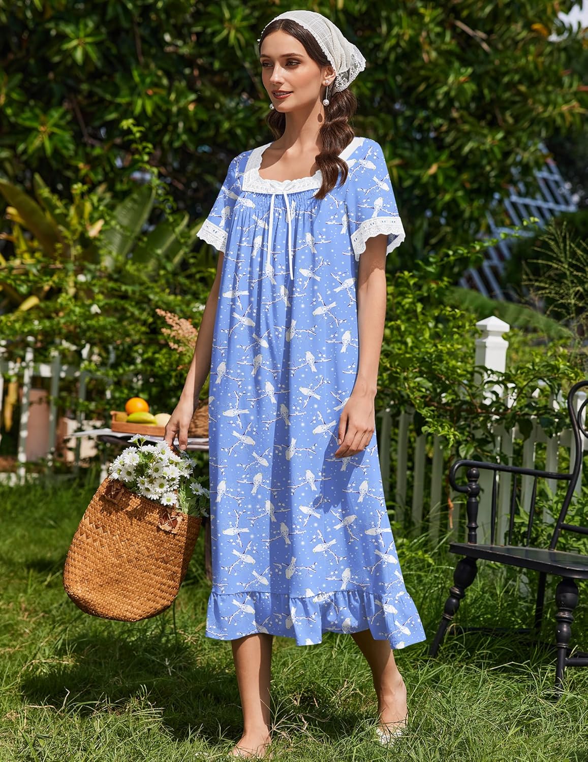 Cotton Nightgowns Vintage Short Sleeve Lace  Nightdress