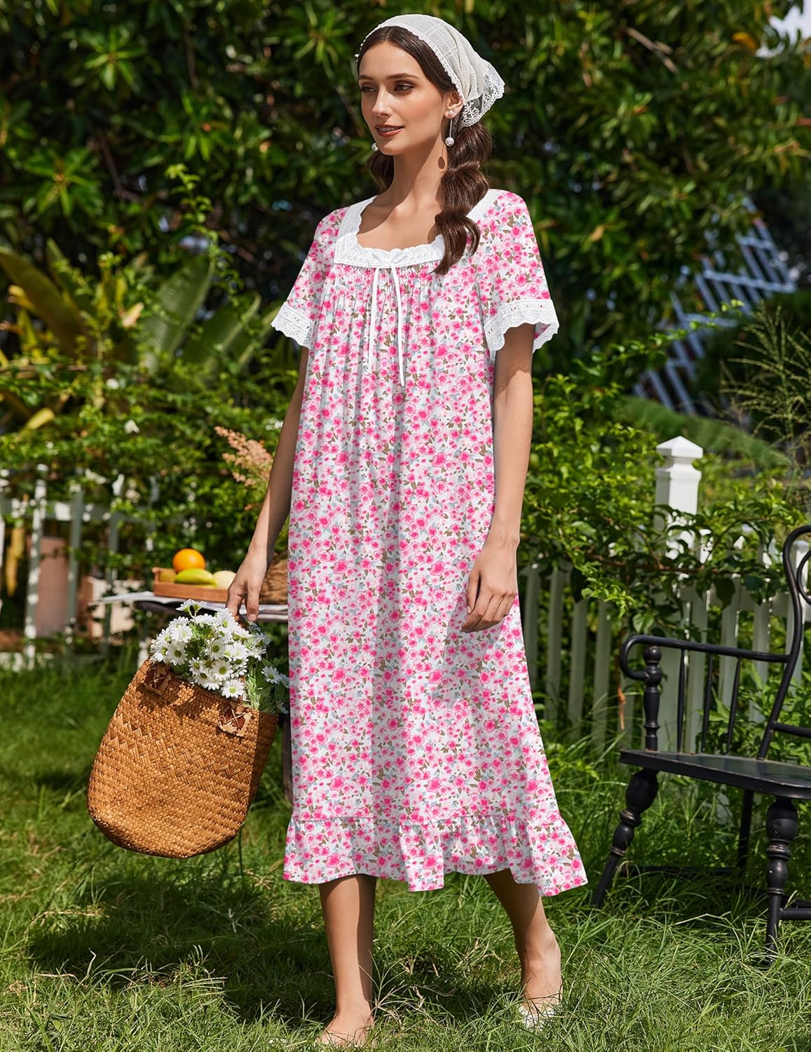 Cotton Nightgowns Vintage Short Sleeve Lace  Nightdress