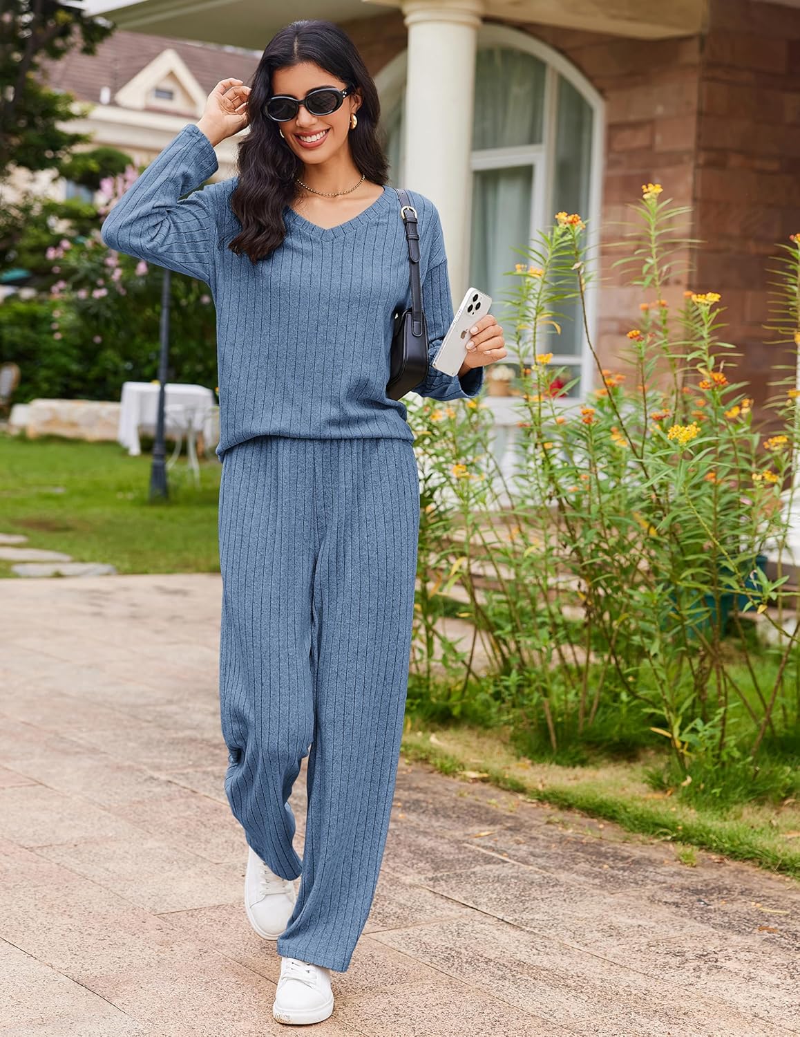 Lounge Sets Long Sleeve Knit Ribbed Pajama Sets
