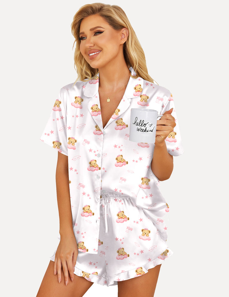 Printed Teddy Satin Pajamas Set 2 Piece Silk Pjs Shorts Set