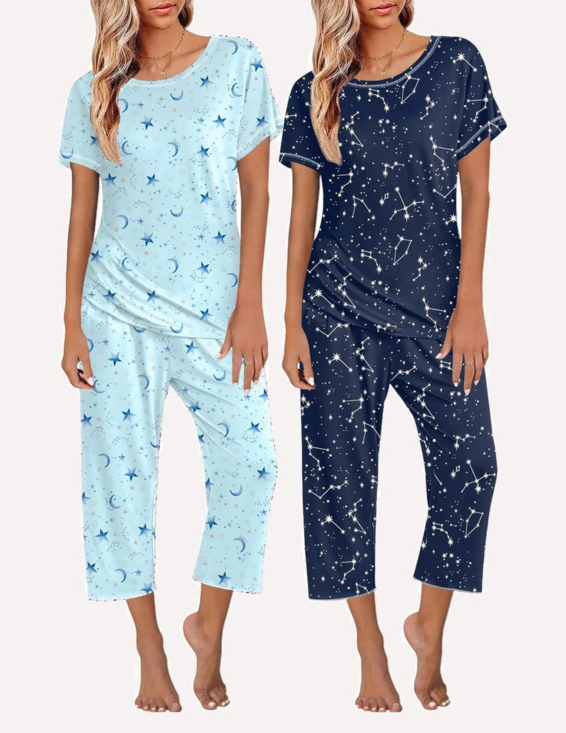 2 Pack: Tops and Capri Pants Pjs Print Pajama Sets