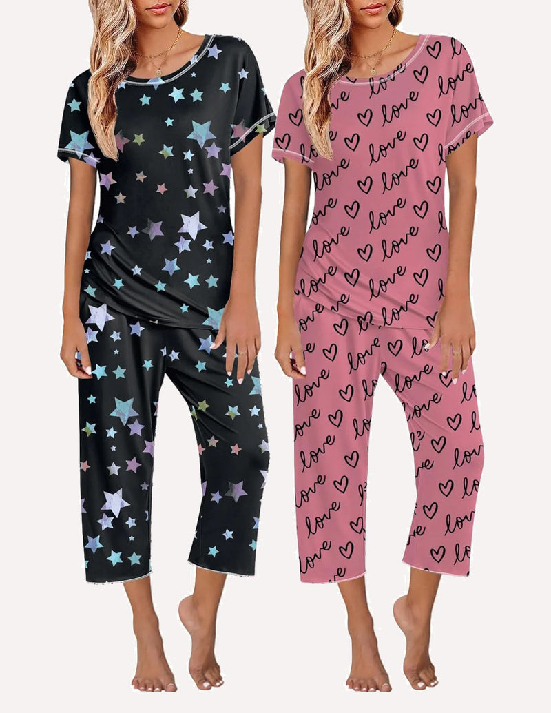 2 Pack: Tops and Capri Pants Pjs Print Pajama Sets