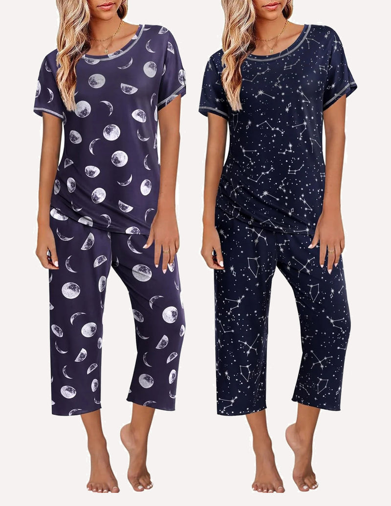 2 Pack: Tops and Capri Pants Pjs Print Pajama Sets