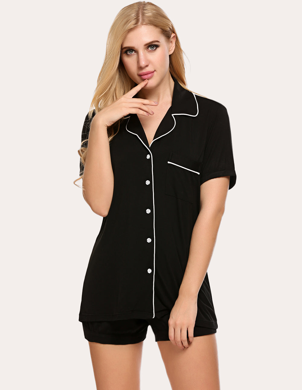 Contrast Piping Pocket Patched Pajama Set (US Only)
