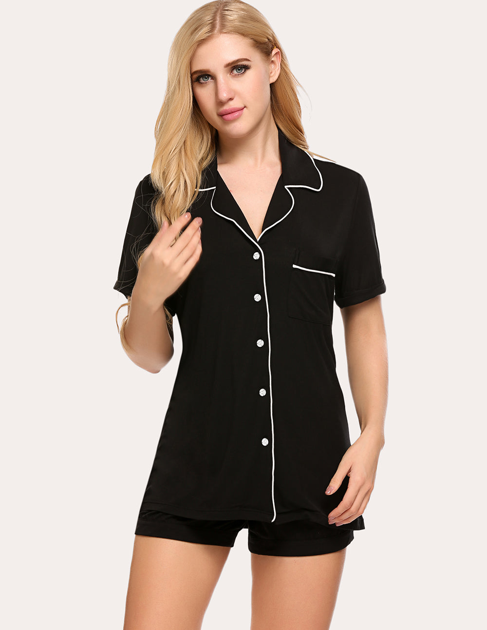 Contrast Piping Pocket Patched Pajama Set (US Only)